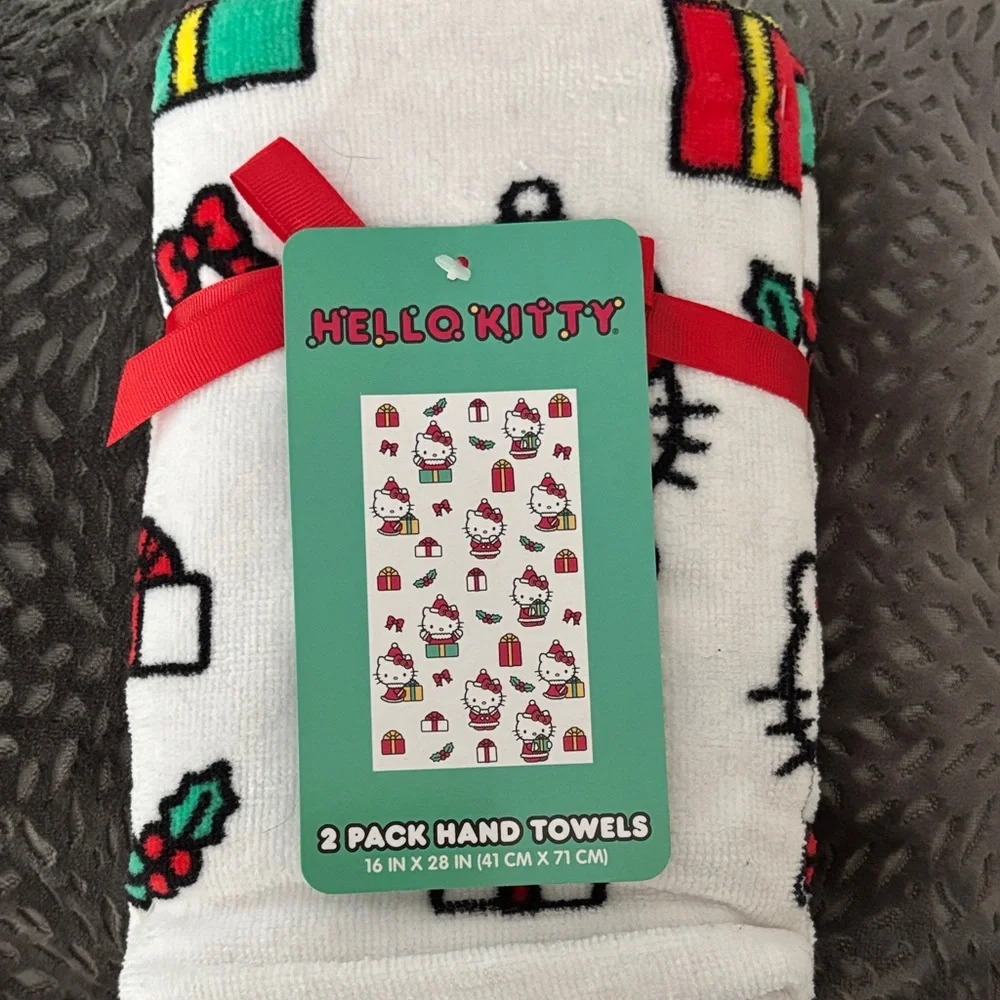 Hello Kitty Festive Hand Towels - Red, Green, Black on White
